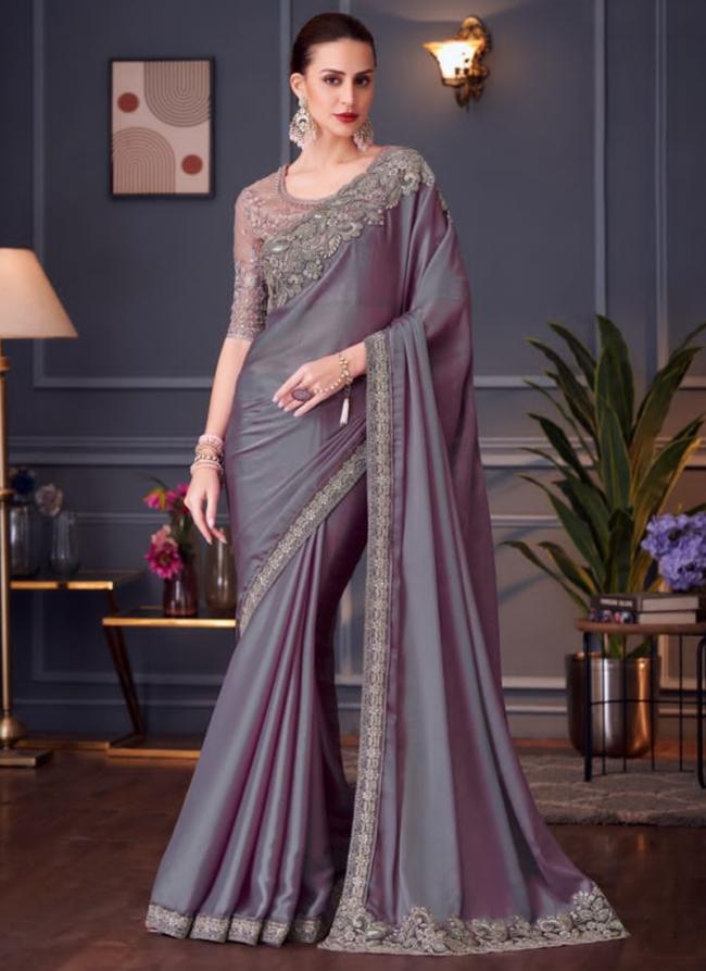 Chiffon Silk Lilac Party Wear Embroidery Work Saree